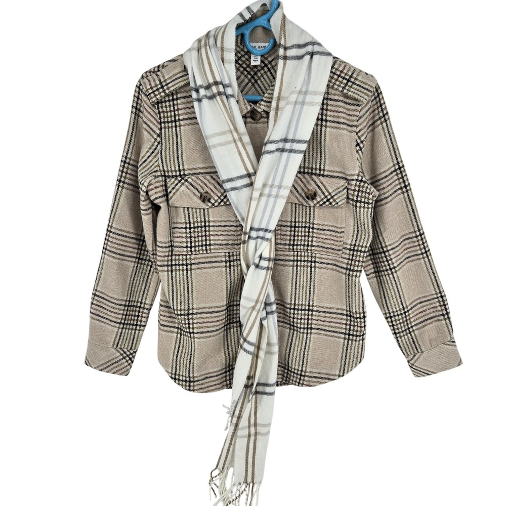 Tribal Jeans Shirt Jacket Womens Petite Small Tan Plaid Wool‎ Blend Button Front